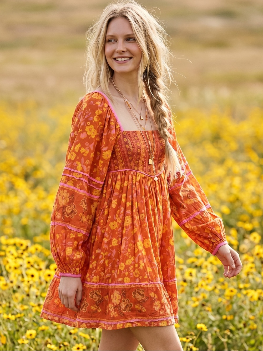 Free People Bohemian Retro 70s Flower Child Endless Afternoon Mini Dress Medium